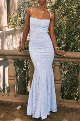 Sexy Solid Color Jacquard Lace Backless Strap Design Square Neck Fishtail Dresses